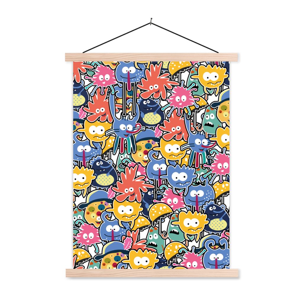 MuchoWow Textilposter Design - Lustig - Abstrakt - Rot - Blau - Kinder 120x160 cm mit holzfarbenen Rahmen - Plakatkarton