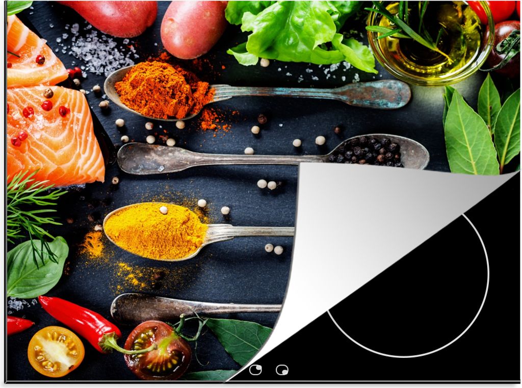 KitchenYeah Herdabdeckplatte Kräuter - Löffel - Küche - Gewürze , 60x52cm, Küche Deko, Ceranfeld Herdabdeckung, Abdeckplatte fùr Kochfeld