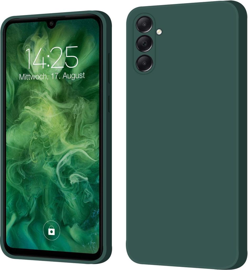 A split image showing the front and back of a green phone case.