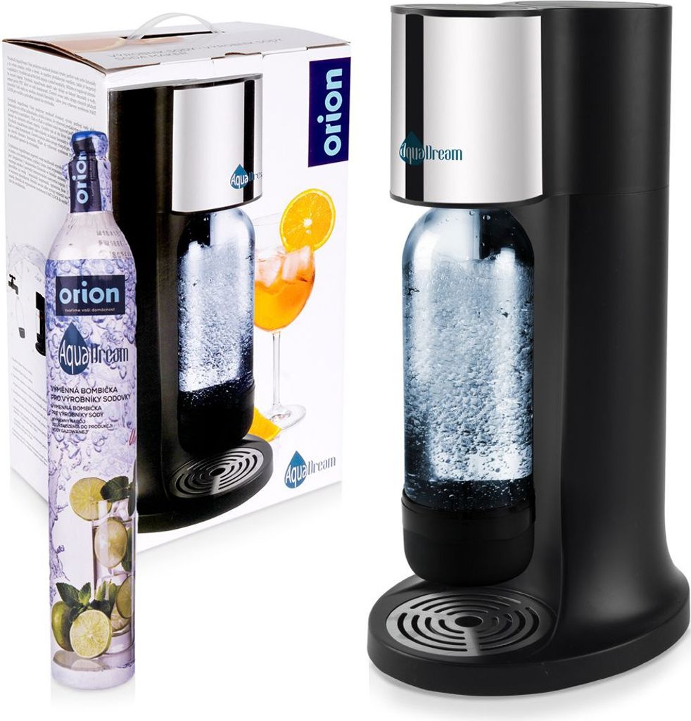 Orion Sprudler Wassersprudler Trinkwassersprudler zum Aufsprudeln von Wasser Kohlensäure für Wasser Siphonflasche schwarz AquaDream C02-Patrone, Set