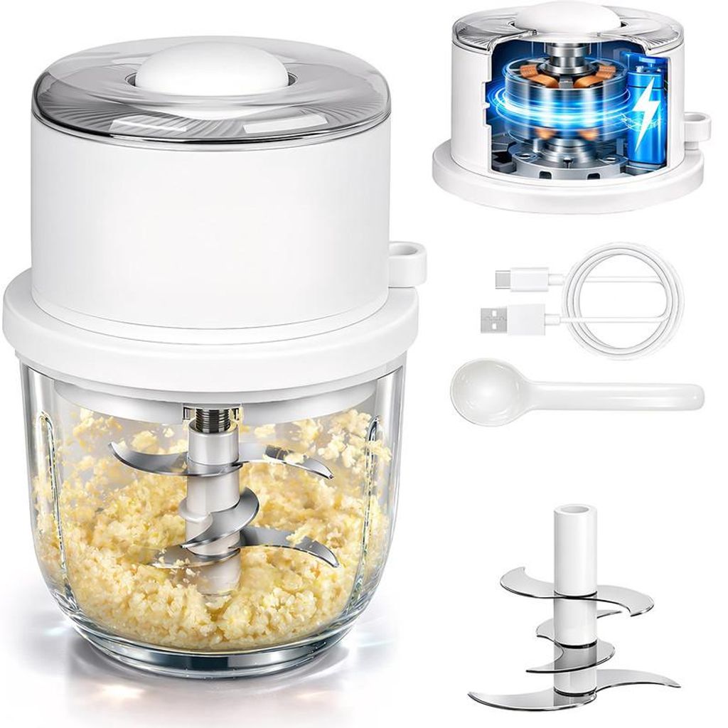 Elektrischer Knoblauchzerkleinerer 300ml Glas mit 6 Edelstahlmessern, Mini Food Processor für Zwiebel, Fleisch & Babynahrung, Weiß
