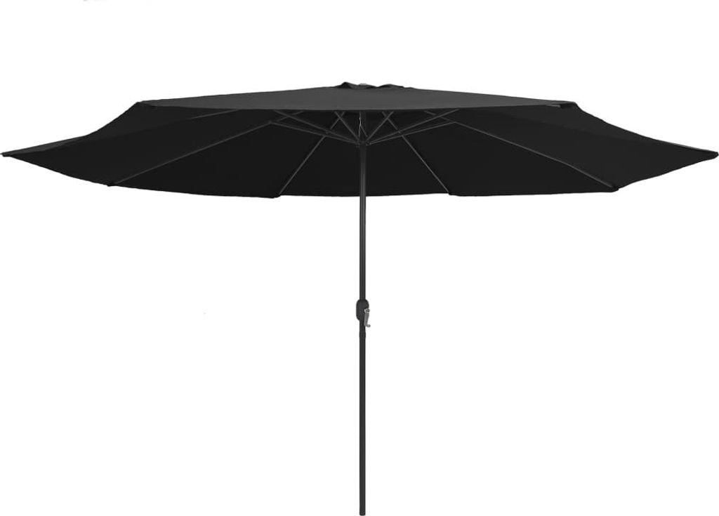 A black patio umbrella is shown against a white background.