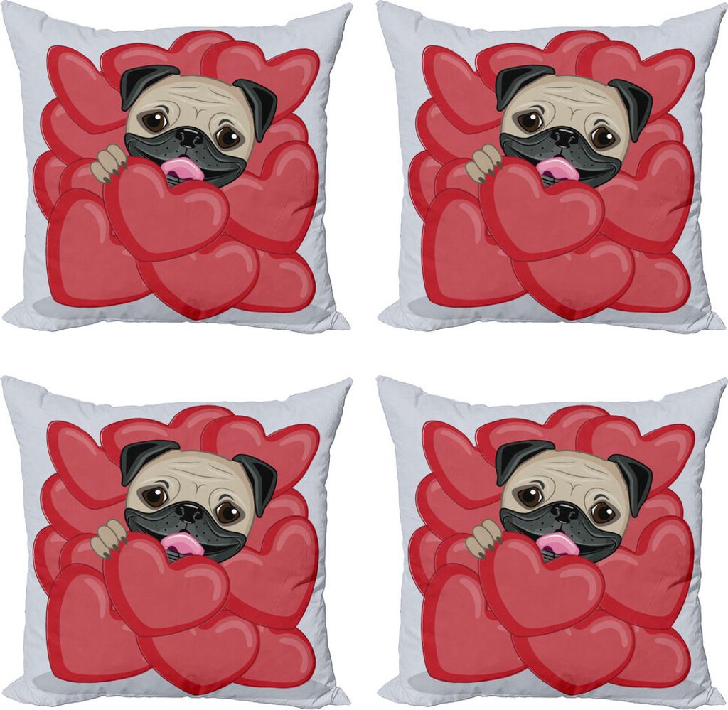 ABAKUHAUS Mops Kissenbezug Set (4 Stück), Valentines Inspired Dog, Moderner Doppelseitiger Digitaldruck, 40 cm x 40 cm, Rot Schwarz Hellbraun