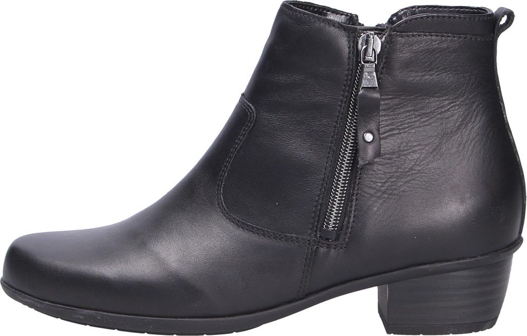 A side view of a black leather ankle boot.