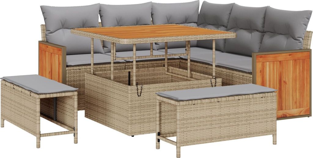 Möbel 8-teilige Garten Sofa Set mit Kissen Beige Poly Rattan Akazie, 3-teiliges Garten Essset mit Kissen Beige Poly Rattan Akazie - Gartensofas 33...