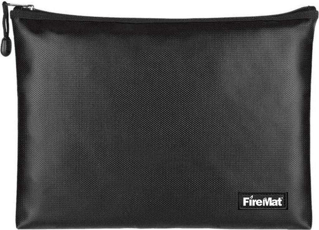 A black document bag with a zipper is shown against a white background.