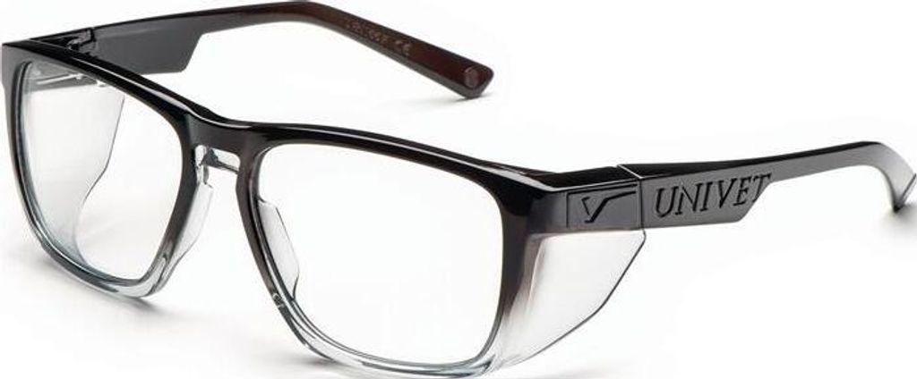 A pair of safety glasses with clear lenses and black frames, shown against a white background.