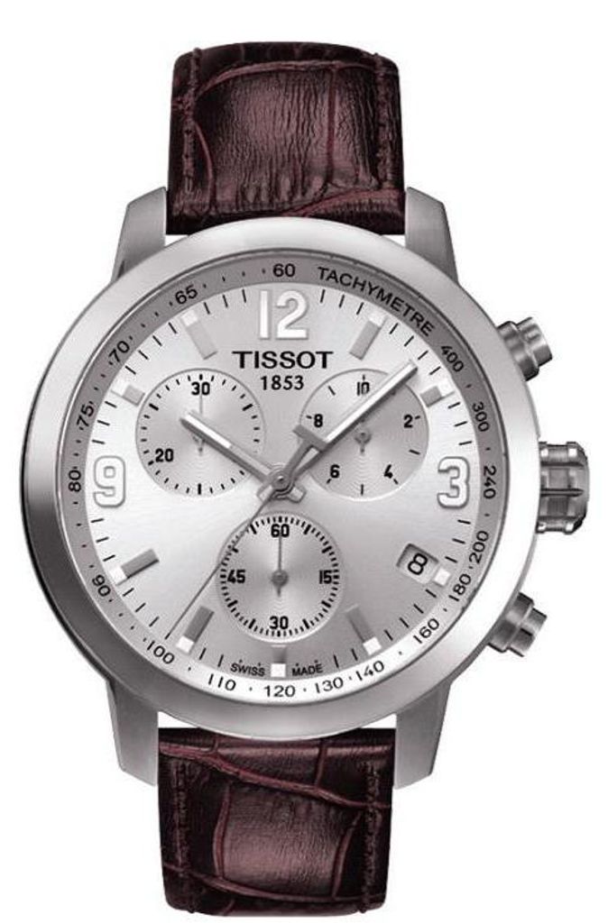 Tissot PRC 200 Chronograph 42 mm Herrenuhr mit silbernem Zifferblatt und Lederarmband (Quarz)