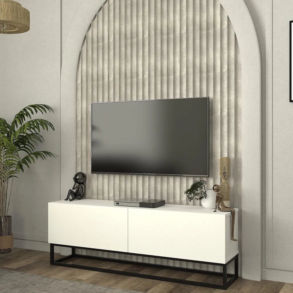Banc TV blanc Nolven de 135 cm, buffet bas design avec rangements