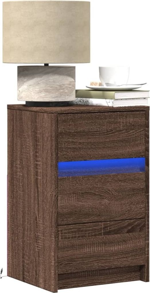 A bedside table with drawers and LED lighting.