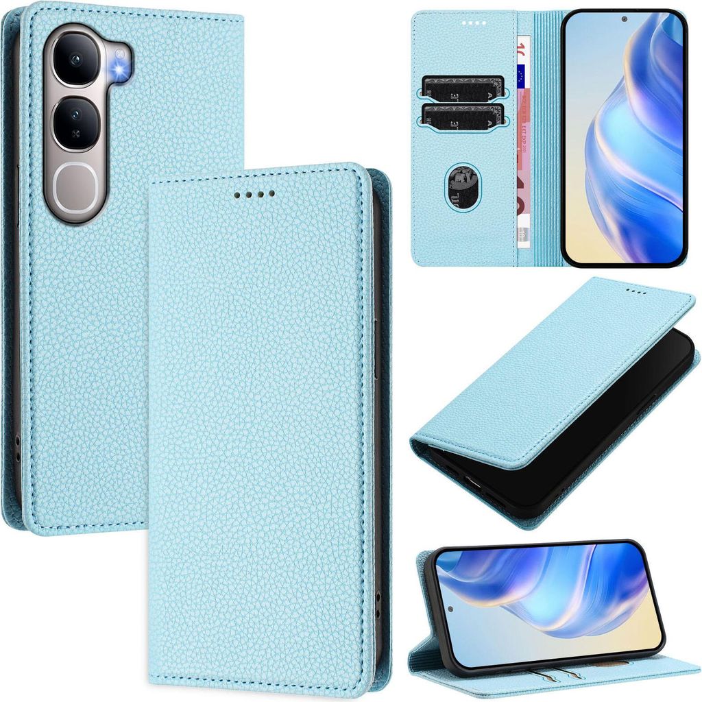 Litchi Leder Handyhülle für vivo Y31 5G Wallet Kartenfächer Standfunktion Hülle Hellblau