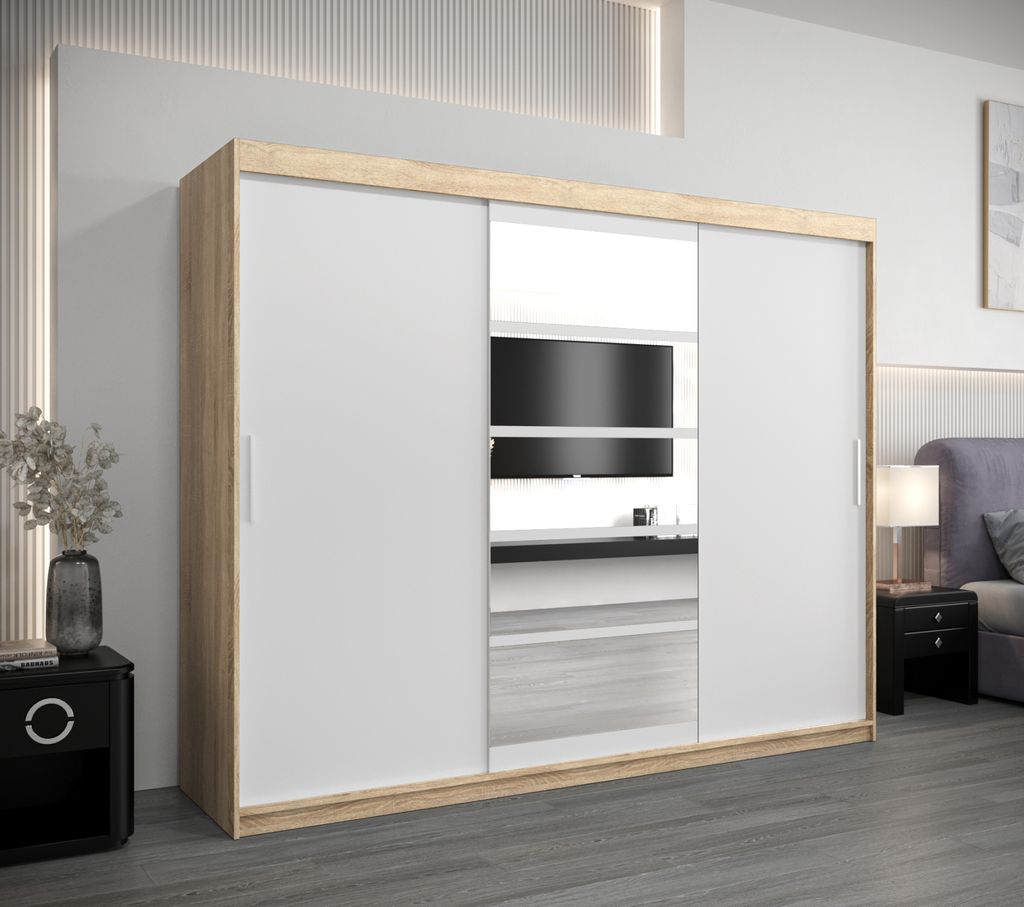 Kleiderschrank mit Schiebetüren LILY – Breite 250 cm, Sonoma-Eiche / Weiß