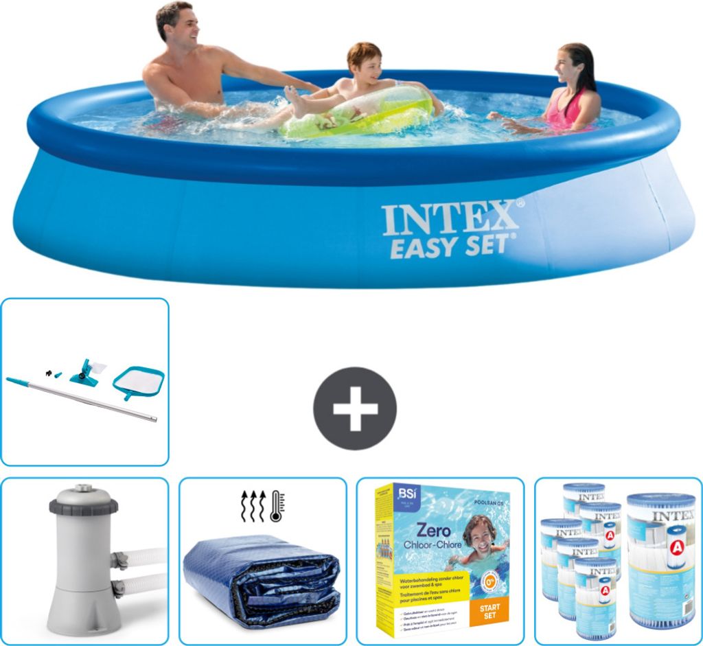 Intex runder aufblasbarer Easy Set-Schwimmpool – 366 x 76 cm – Blau – inklusive Pumpe Sonnensegel - Wartungspaket - Filter - Reinigungskit