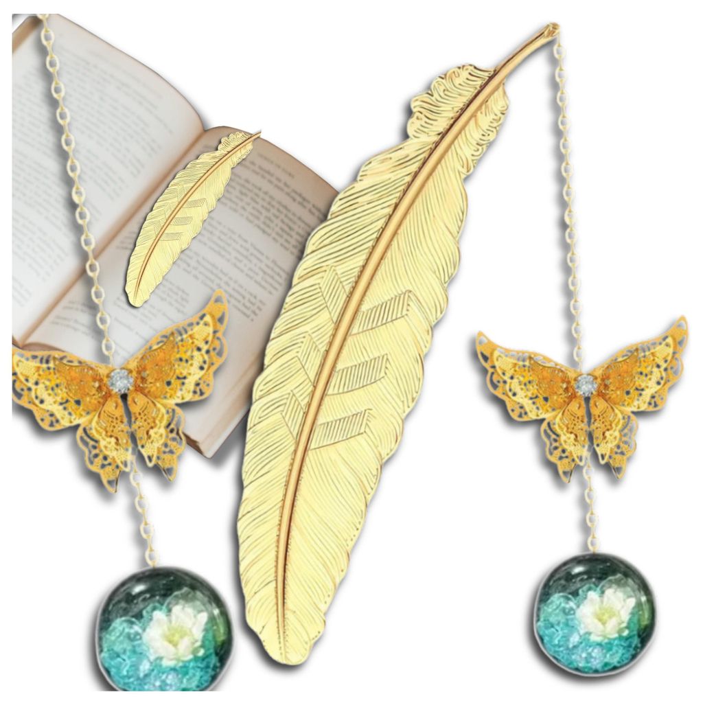 Metall Lesezeichen Gold Feder mit Schmetterling Anhänger