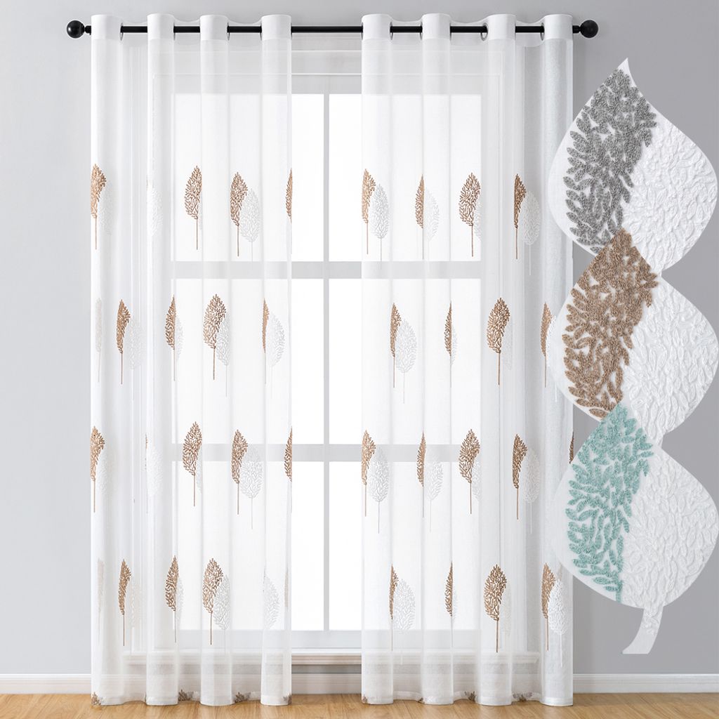 2er Set Blätter Stickerei Vorhänge Durchsichtig Ösen Gardinen Für Wohnzimmer Dekoration Voile Vorhänge mit Braun und Weiß Blätter 140x245cm