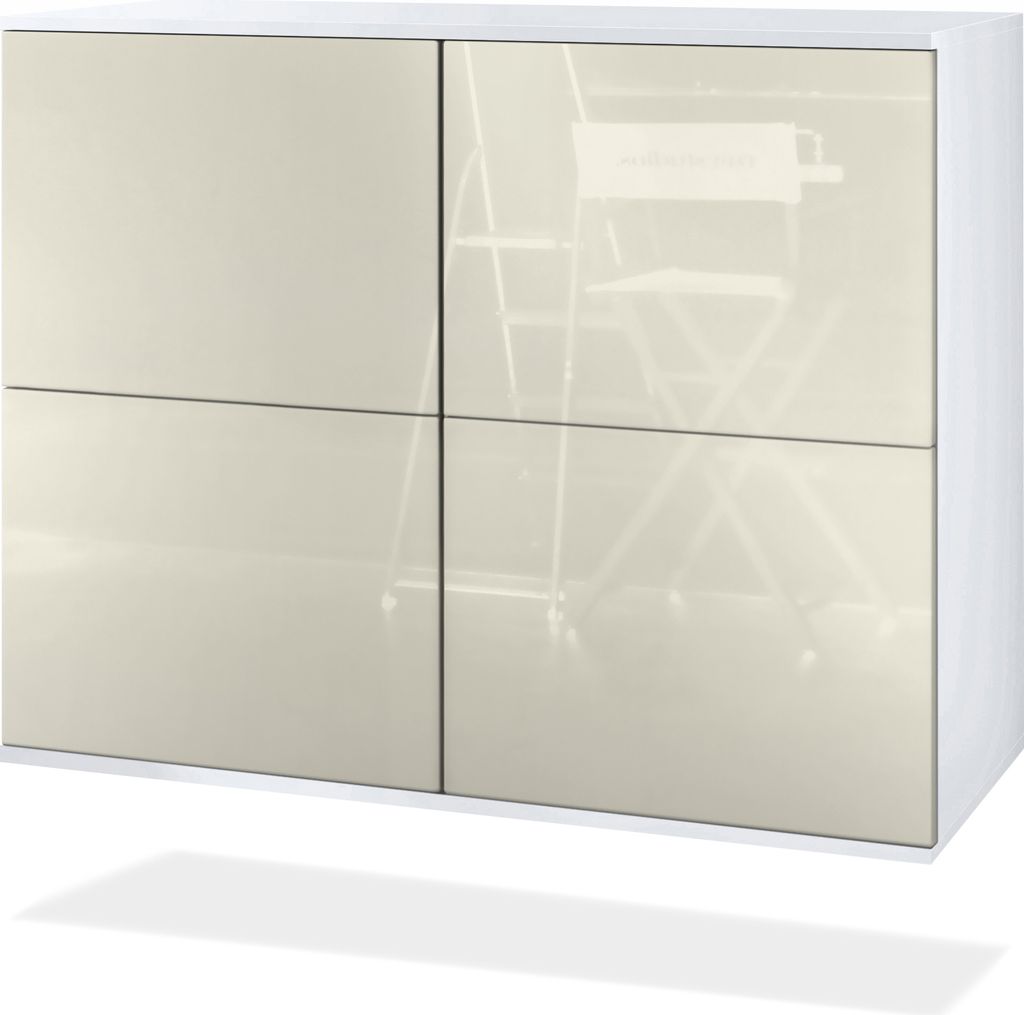 Vladon Kommode Rova V3, Moderner Küchenschrank mit 4 Push-to-Open Türen Weiß matt / Creme Hochglanz (92,5 x 73.5 x 35)