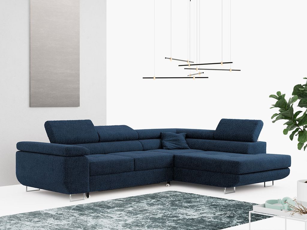 Ecksofa L-Form Couch mit Schlaffunktion und Verstellbare Kopfstützen - GUSTAW - Dunkelblau - Rechts