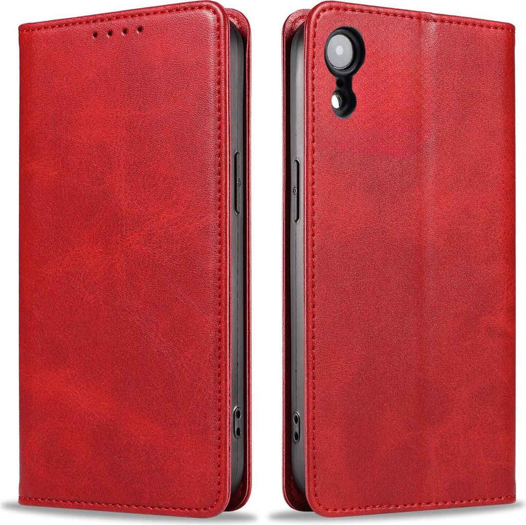 A red flip cover phone case shown from the front and back.