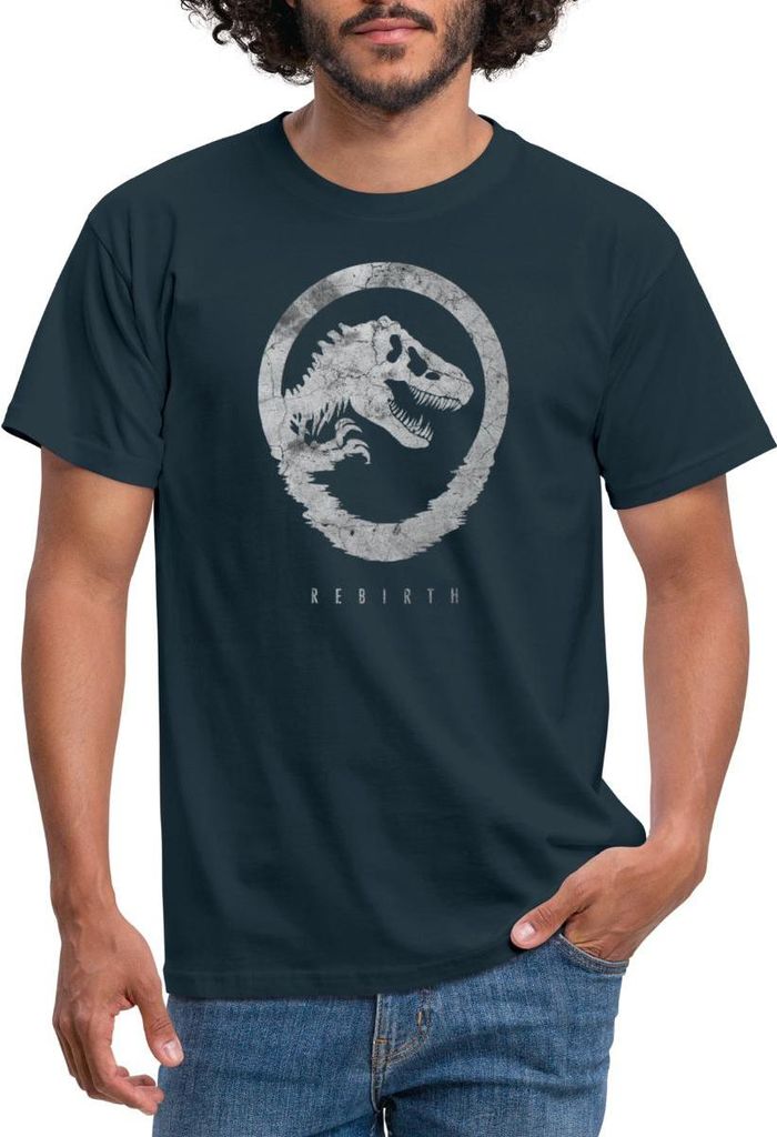 Spreadshirt Jurassic World Rebirth Logo Mit T-Rex Im Steinlook Männer T-Shirt, L, Navy