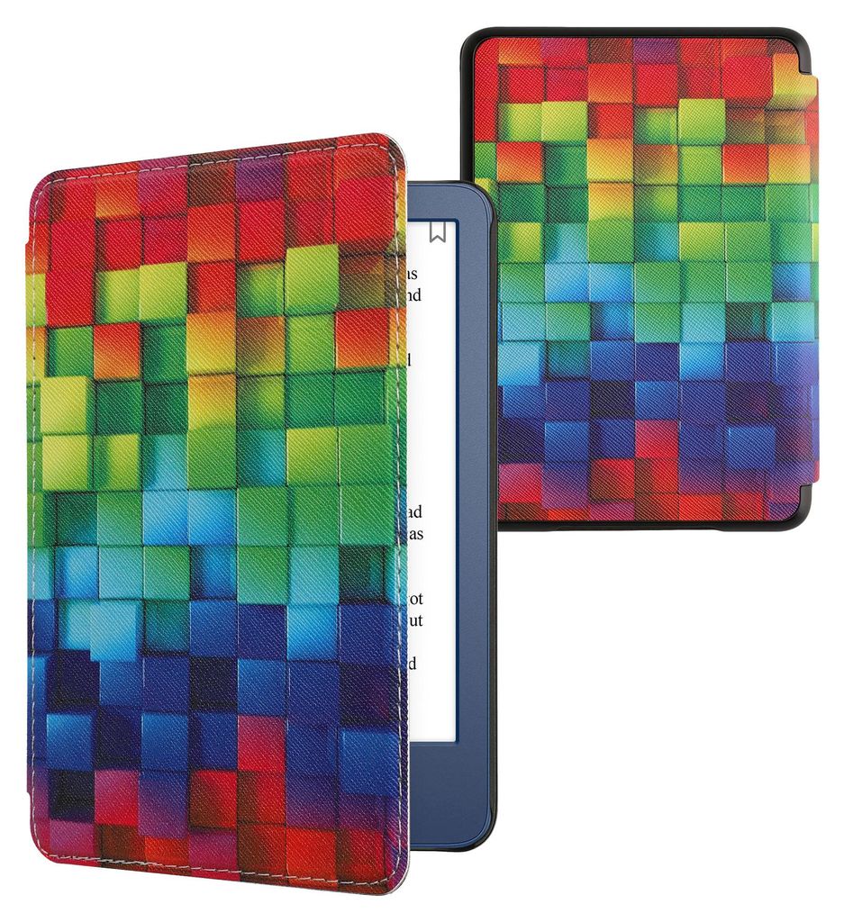 kwmobile Schutzhülle für Amazon Kindle (2022/2024) Hülle - eReader Flip Case mit Auto Sleep Funktion - Regenbogen Würfel mit Mehrfarbig Grün Blau