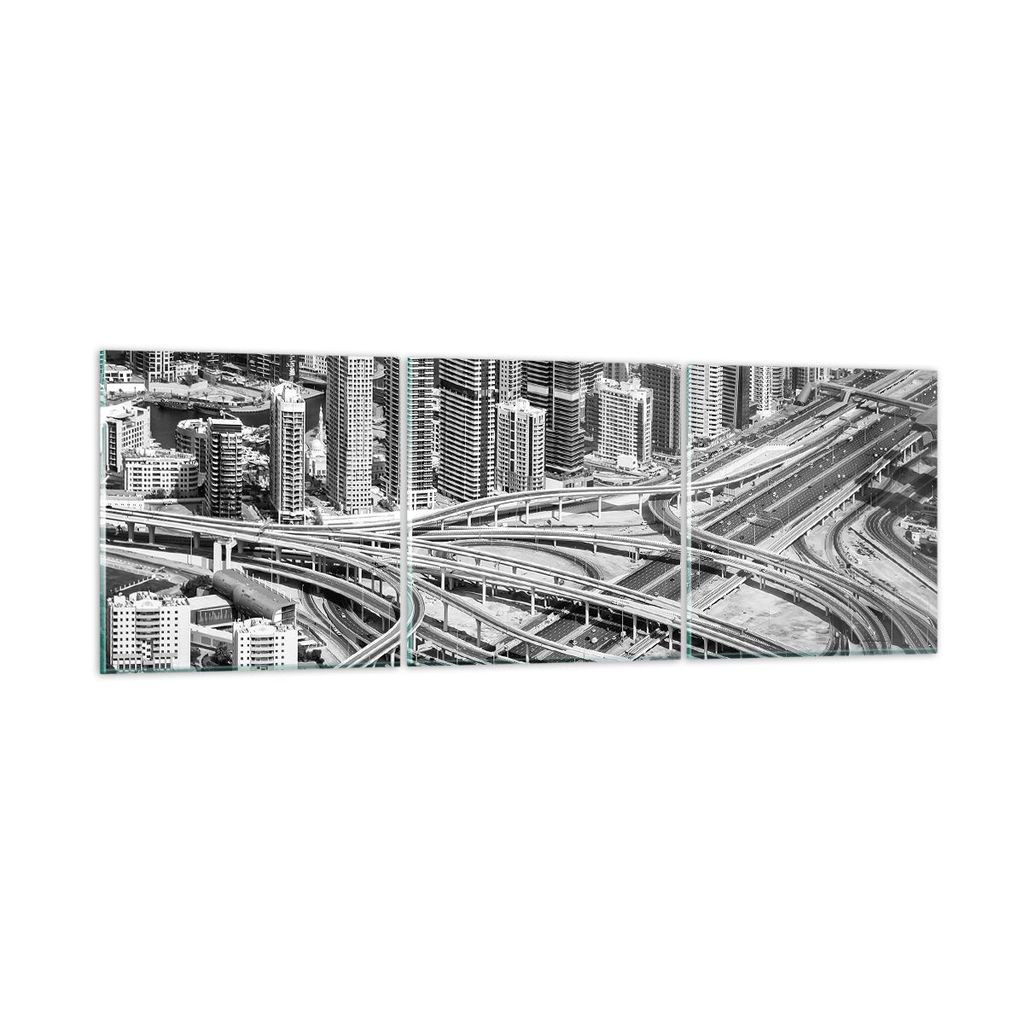 Bilder auf glas - 3 Teile - Stadt Wolkenkratzer Autobahn - 90x30cm - Glasbilder - Wandbilder - Bilder - zum Aufhängen bereit - Wanddekoration aus ...