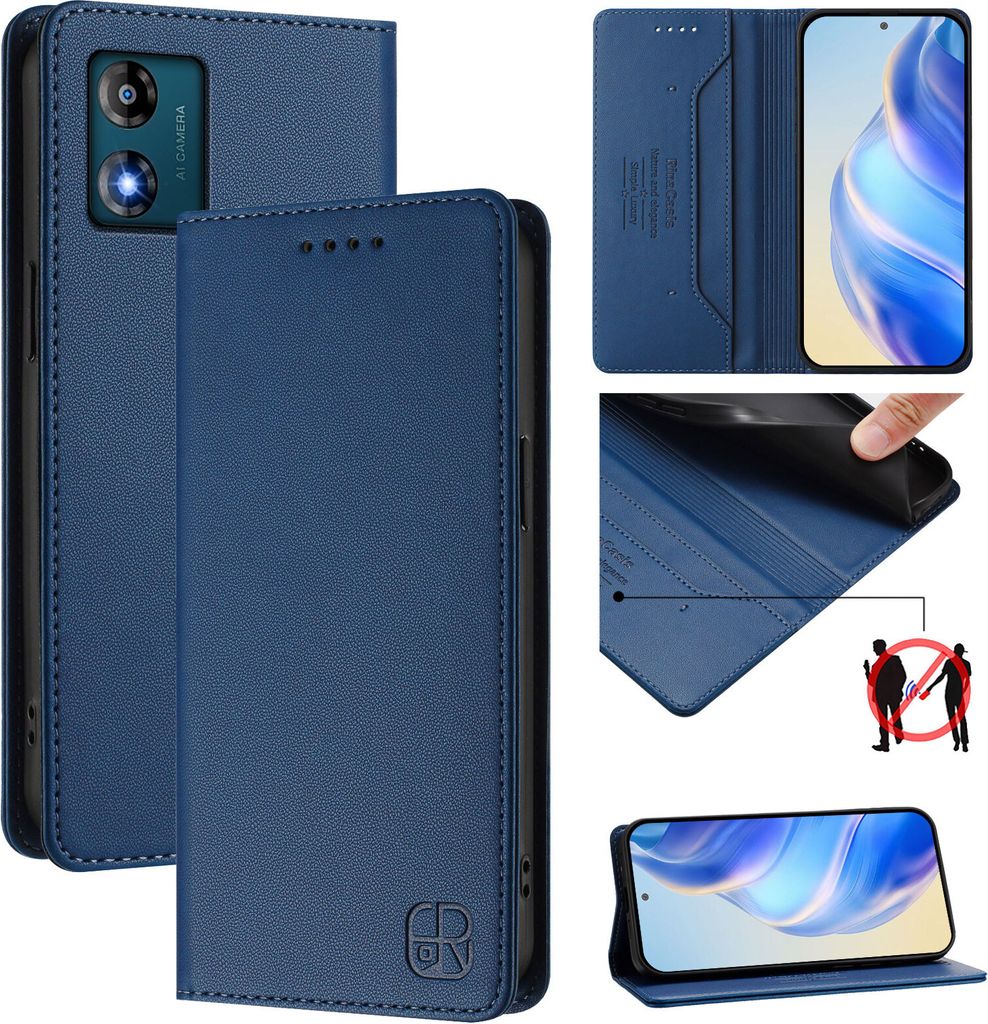 Lederhülle für Motorola Moto E13 Hülle Flip Brieftasche Kartenfächern Ständer Schutzhülle Blau