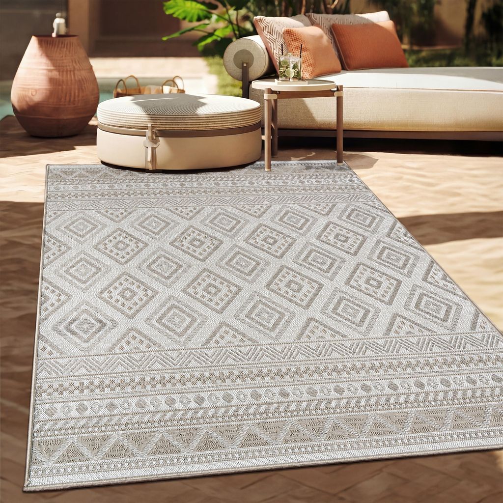 Outdoor Teppich Flachgewebe modern Boho Ethno wetterfest Außenbereich Grösse 150 cm Quadrat
