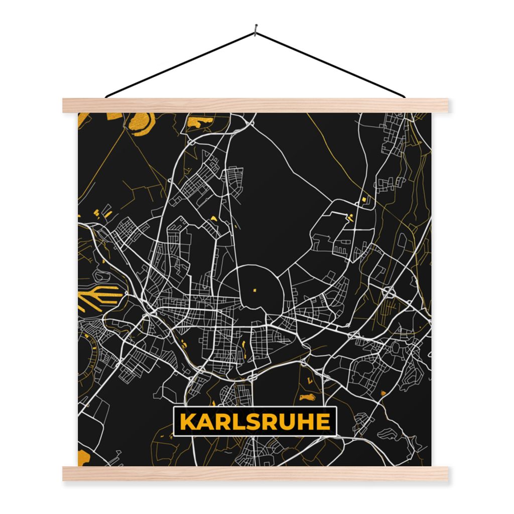 MuchoWow Textilposter Karlsruhe - Gold - Stadtplan - Karte - Deutschland 40x40 cm mit holzfarbenen Rahmen - Posterleiste