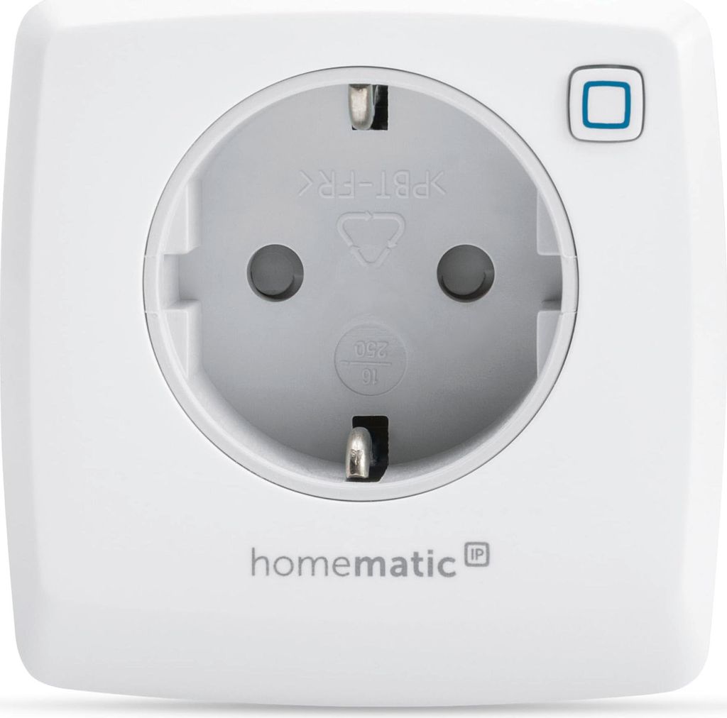 A white smart plug with a European-style socket and a blue button.