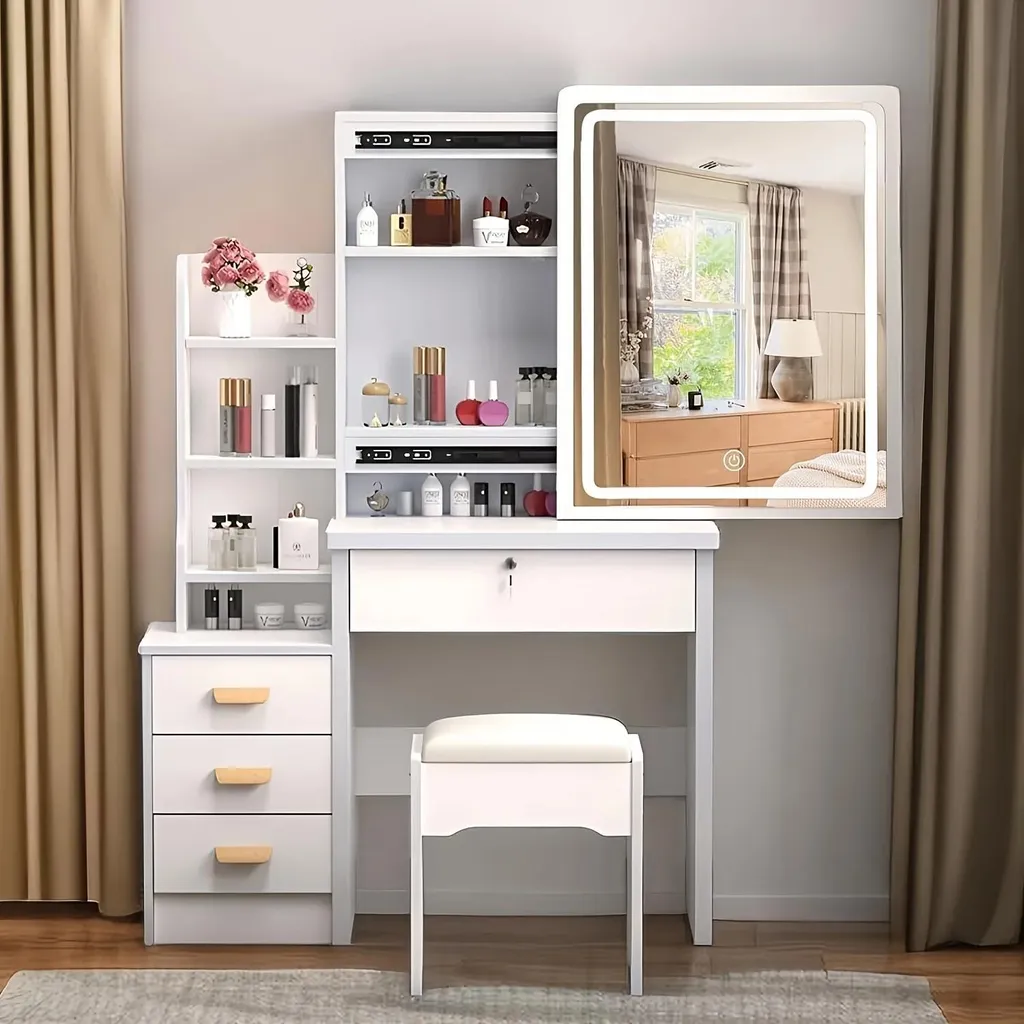 Coiffeuse blanche avec miroir LED réglable et 4 tiroirs - Design Moderne - 2