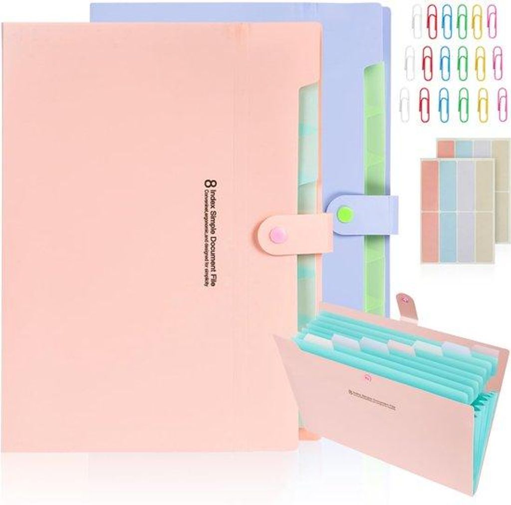 2er-Set ausfahrbarer A4-Ordner, ausfahrbarer Ordner mit 8 Fächern, Dokumentenordner, großer Ordner, Reise- und Schreibordner in Rosa und Lila
