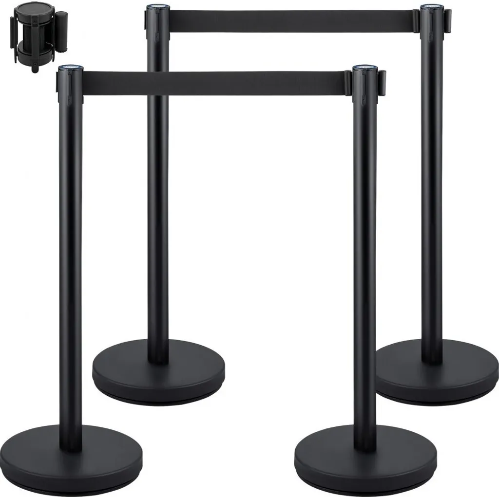 Poteau de délimitation noir avec sangle rétractable 2m pack de 4