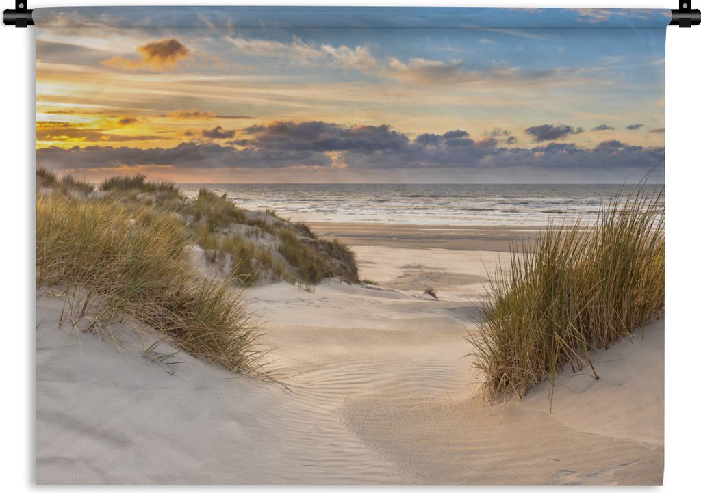 MuchoWow Wandteppich Wandbehang Strand - Düne - Gras - Sonnenuntergang - Meer 90x67.5 cm Tapisserie Dekoration Wandtuch - Fototeppich - Wand-Sku...