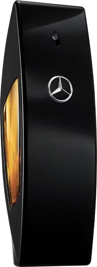 A black perfume bottle with a gold accent and the Mercedes-Benz logo.