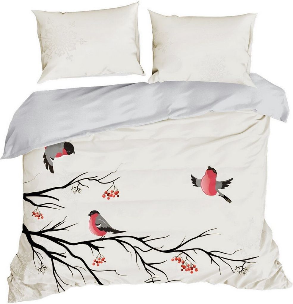 Bettwäsche 3-tlg 220x200 cm Weihnachten Vogel schwarz rot creme Baumwolle