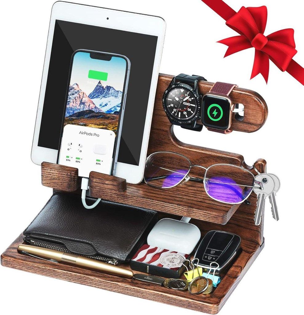 Dockingstation aus Holz für Telefon und Tablet – Schreibtisch Organizer und Geschenkideen