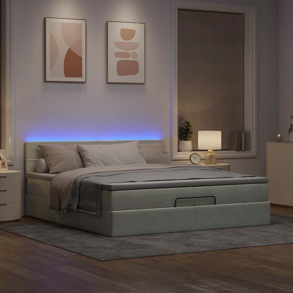 "im Angebot" Ottoman Bettgestell - Bettrahmen moderne - mit Matratzen mit LED,s Hellgrau 200x200 cm Samt - Klassische Betten A194