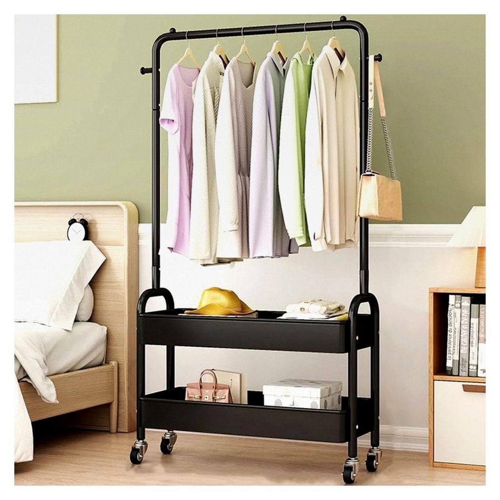 Kleiderständer aus Metall, 2-stöckig - Kleiderstange für Schlafzimmer mit doppelten Ablagen und kleinen Rollen - Robuster Organizer für Kleidun...