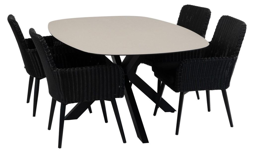 5-teiliges Garten-Set | 4 Pisa Gartenstühle | Malaga Gartentisch 180 x 115 cm | Schwarz