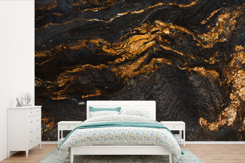 MuchoWow Fototapete für Wohnzimmer oder Schlafzimmer Wandtapete Vinyl Motivtapete Marmor - Limette - Schwarz - Gold - Marmoroptik - Luxus - 390x...