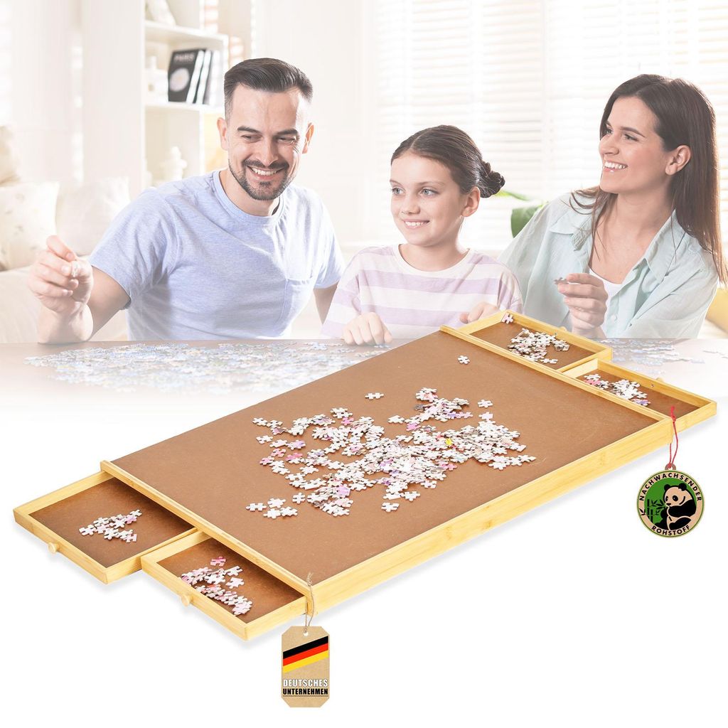 A family is playing with a puzzle on a puzzle board with drawers.