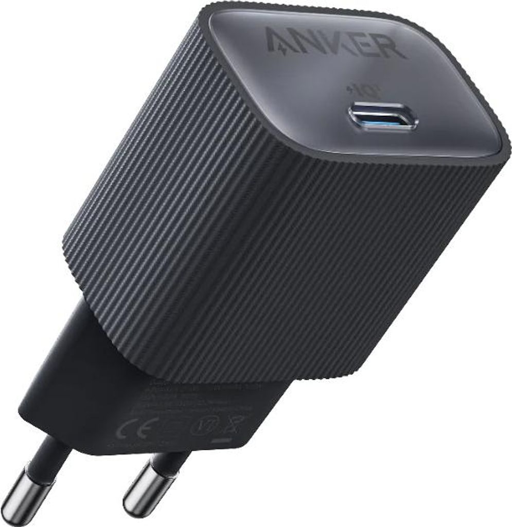 A black Anker 511 Nano 4 30W USB-C charger with European plug.