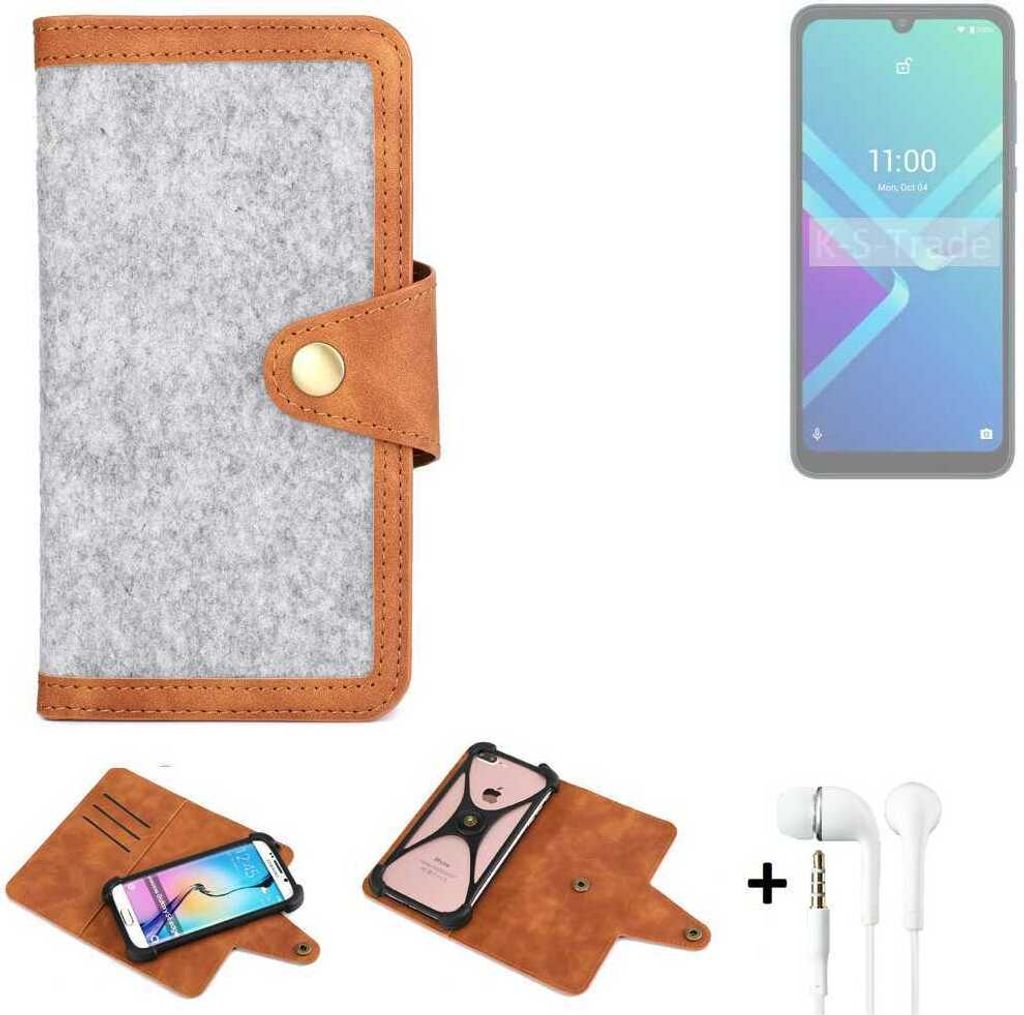 K-S-Trade Handyhülle + Kopfhörer kompatibel mit Wiko Y82 Schutzhülle Filz Hülle Kunstleder hellgrau braun (1x)