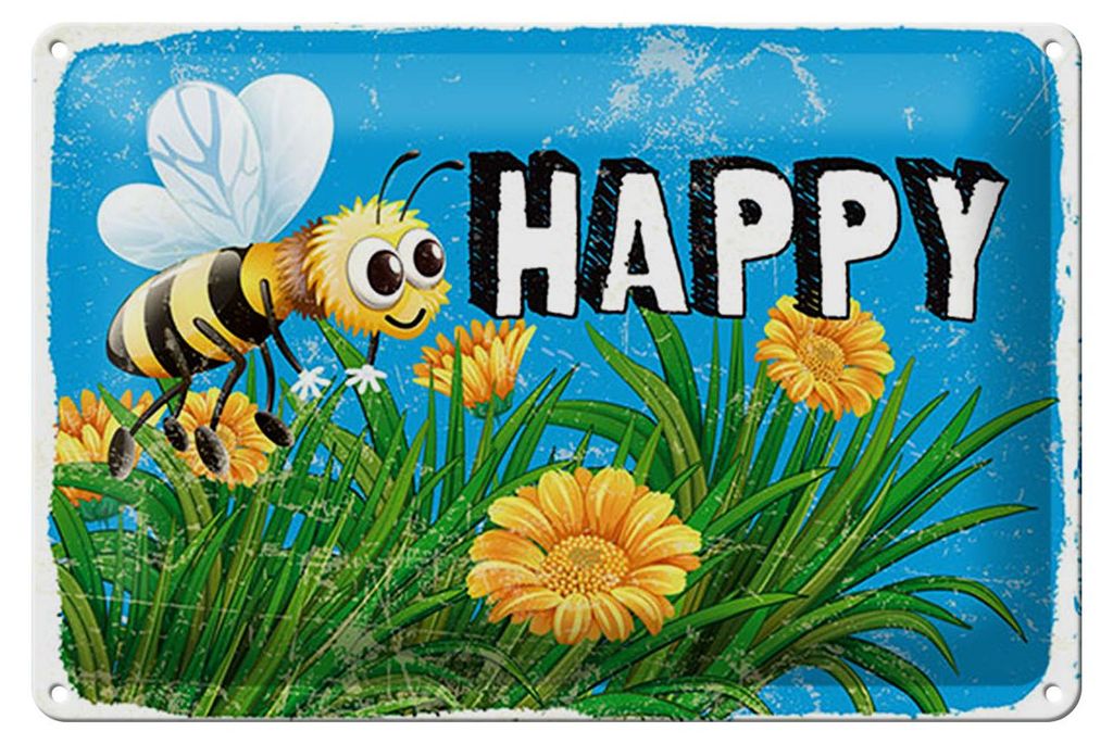 Blechschild Spruch 12x18 cm Happy Biene Blumen Deko Schild