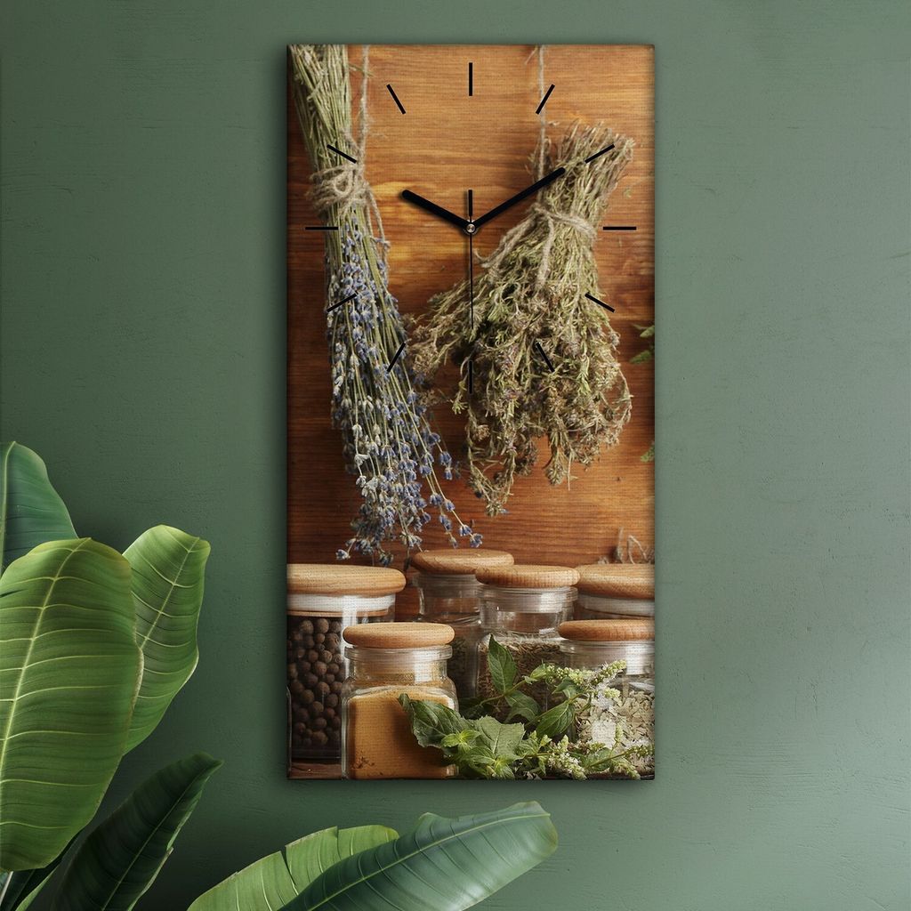 Wohnzimmer Leinwand Uhr Geräuschlos Küche 30x60 Hängende, Kräuter, Herbs, schwarze Zeiger