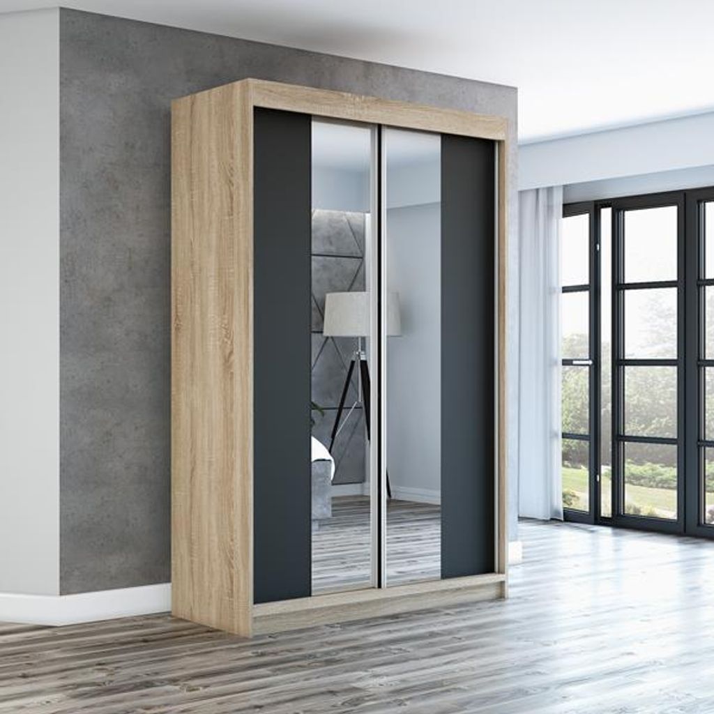 Schwebetürenschrank, 2-türig Schrank mit Spiegel! Moderne Garderobe für Kleidung. Verschiedene Farben (Weiß, Schwarz, Somona) Kleiderschrank NE...