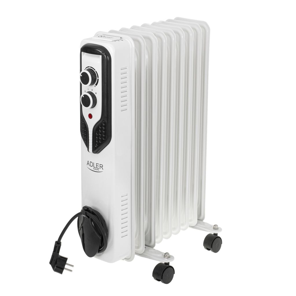 A white oil-filled radiator with black controls and wheels, shown against a white background.