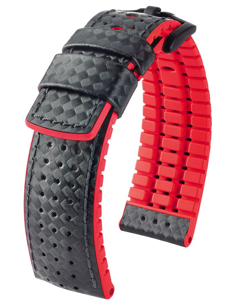 Hirsch Ayrton L schwarf und rot Kalbsleder Armband 20 mm 0912092050-5-20