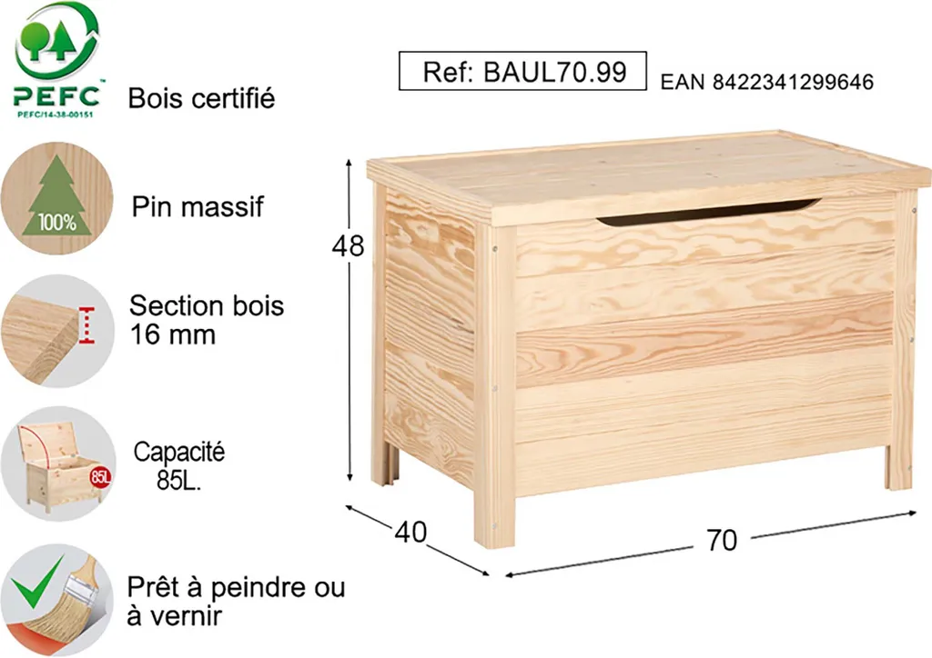 Coffre de rangement bois brut 70cm Astigarraga avec couvercle plat - 7