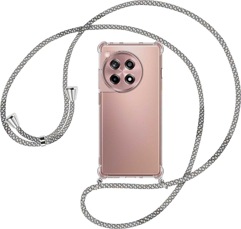 Handykette Backcover-Schutzhülle mit Band (Metall silberfarben) für OnePlus 12R / Ace 3 (6.78'') - weiß/grau kariert